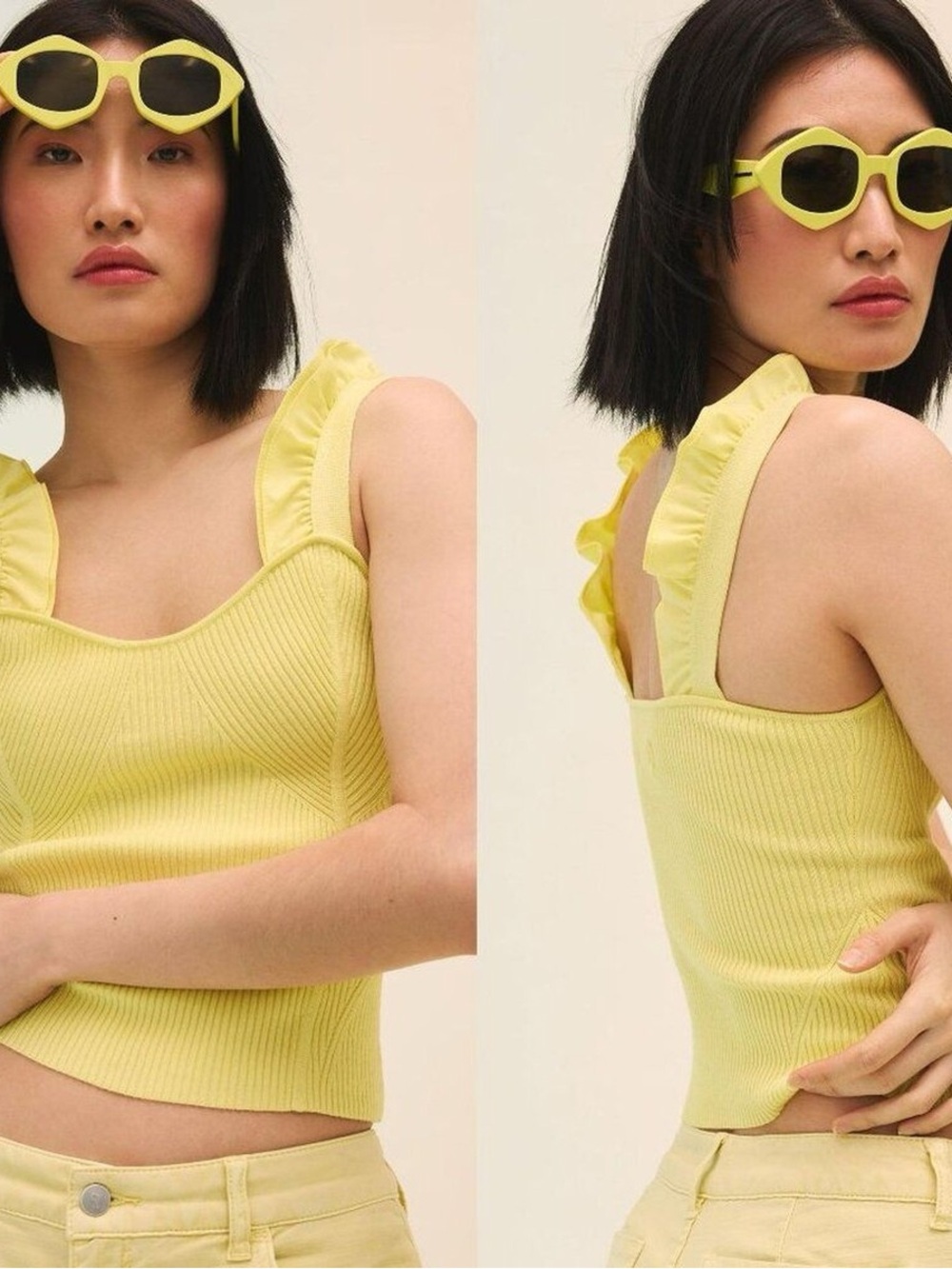 Maeve Lemon Ruffle Strap Ribbed Camisole